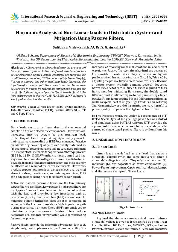 (PDF) Harmonic Analysis of Non-Linear Loads in Distribution System and ...