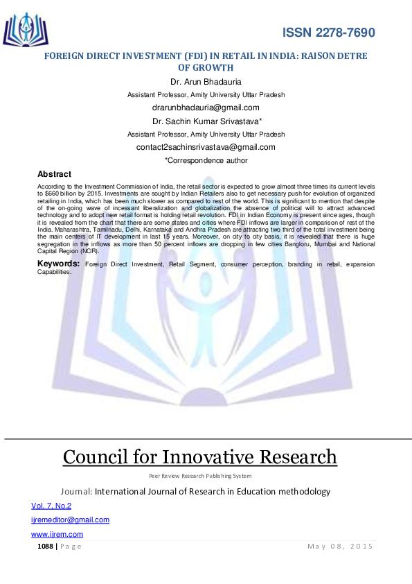 (PDF) Foreign Direct Investment (FDI) in Retail in India: Raison Detre ...