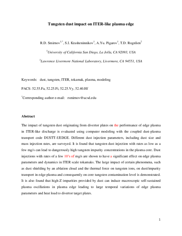 (PDF) Tungsten dust impact on ITERlike plasma edge Sergei Krasheninnikov Academia.edu