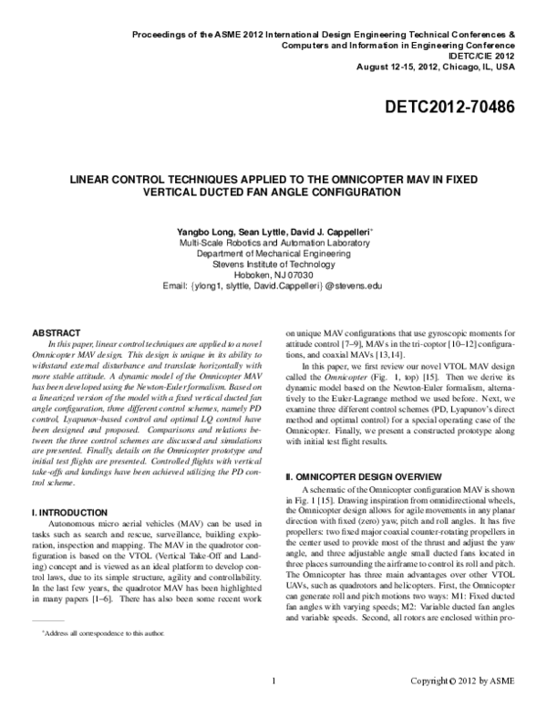 (PDF) Linear Control Techniques Applied to the Omnicopter MAV in Fixed