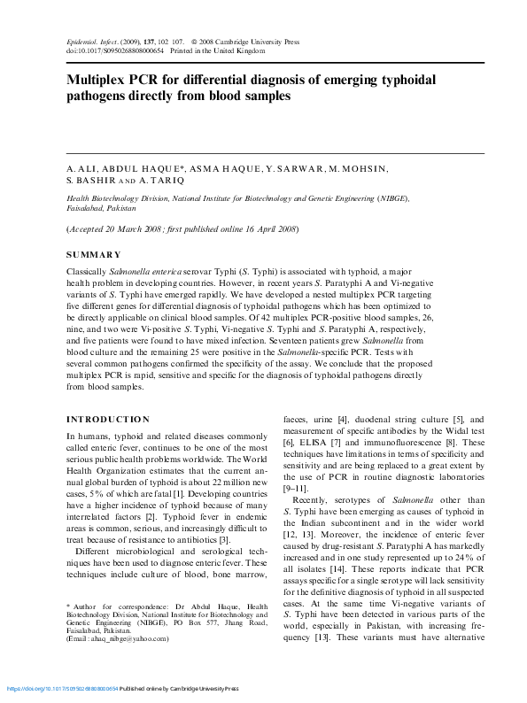 (PDF) Multiplex PCR for differential diagnosis of emerging typhoidal ...