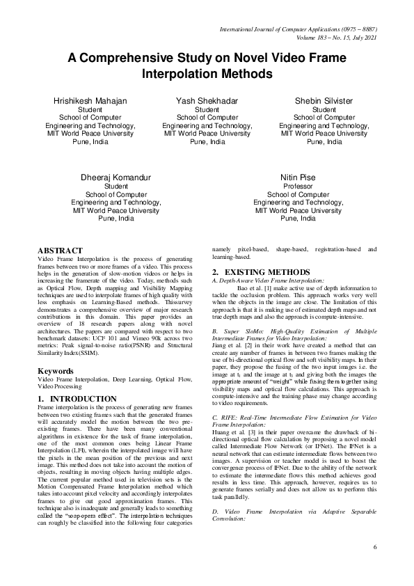 (PDF) A Comprehensive Study on Novel Video Frame Interpolation Methods