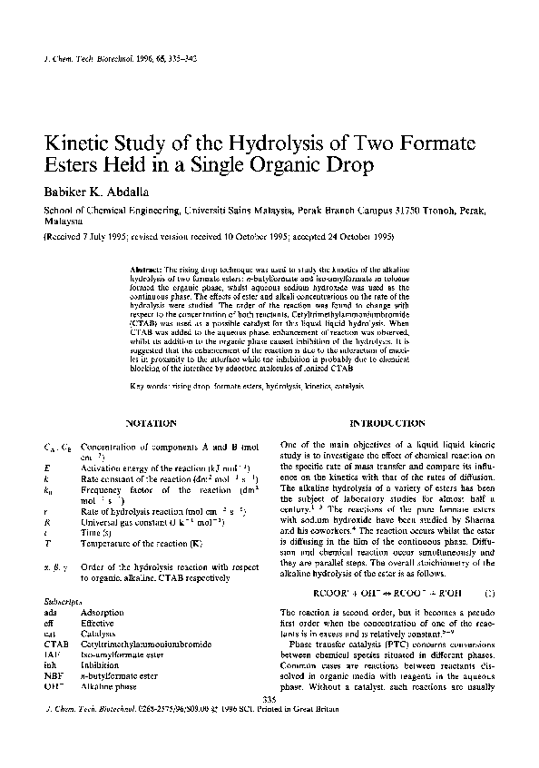 (PDF) Kinetic Study of the Hydrolysis of Two Formate Esters Held in a ...