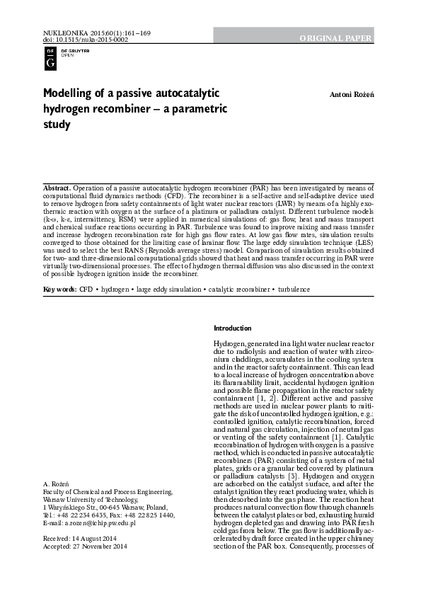 (PDF) Modelling of a passive autocatalytic hydrogen recombiner – a ...