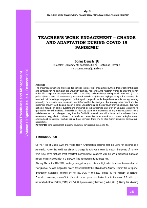 (PDF) Teacher’s Work Engagement – Change and Adaptation During COVID-19 ...