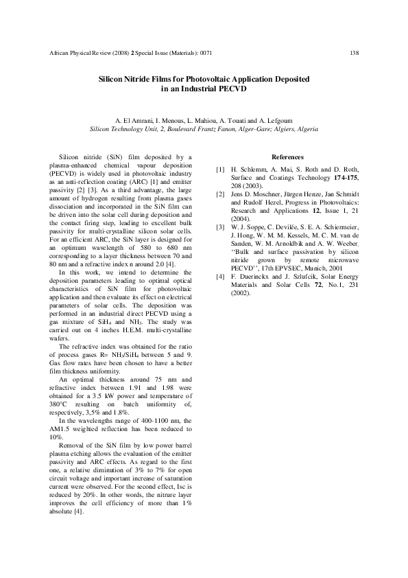 (PDF) Silicon Nitride Films for Photovoltaic Application Deposited in ...