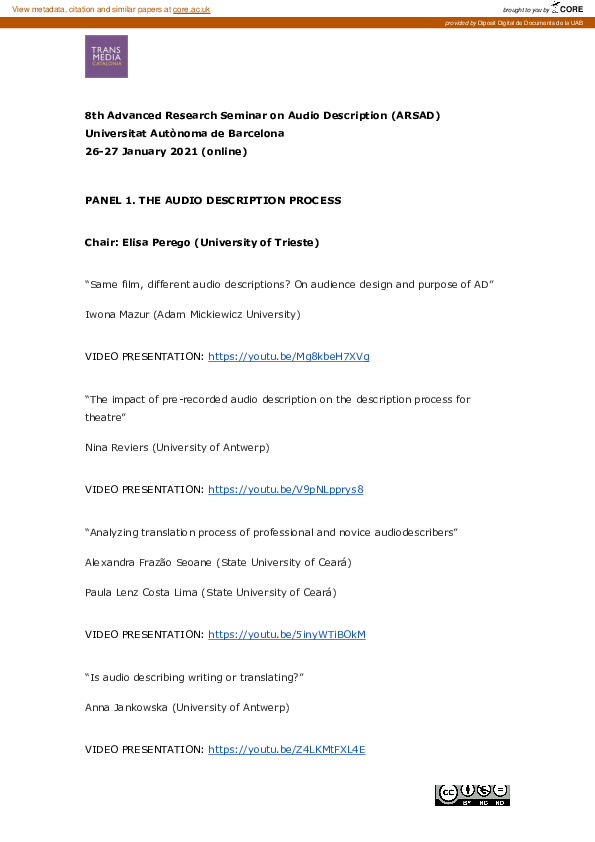 (PDF) Panel 1. The audio description process Nathalie Mälzer