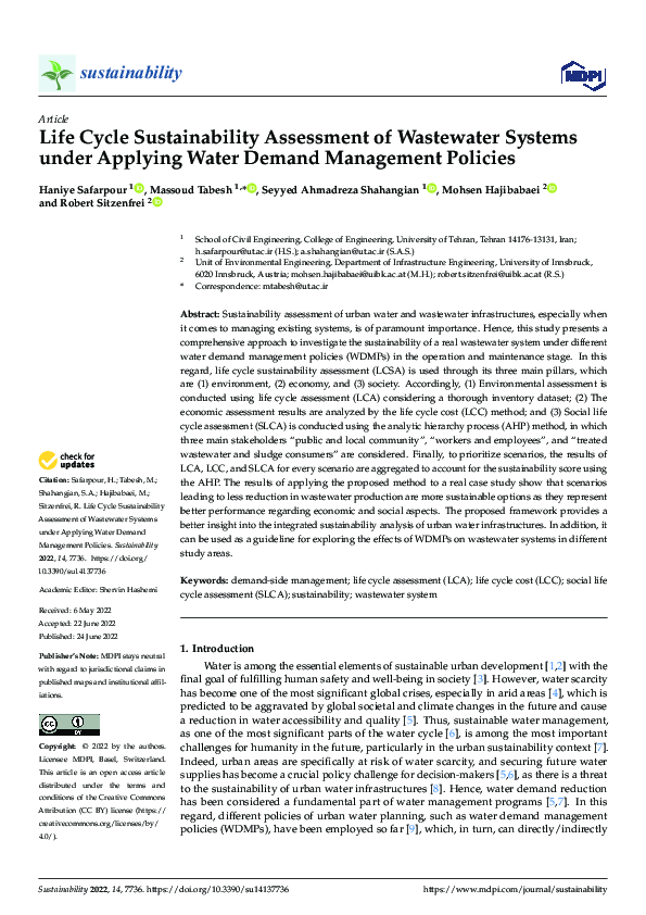 (PDF) Life Cycle Sustainability Assessment of Wastewater Systems under ...