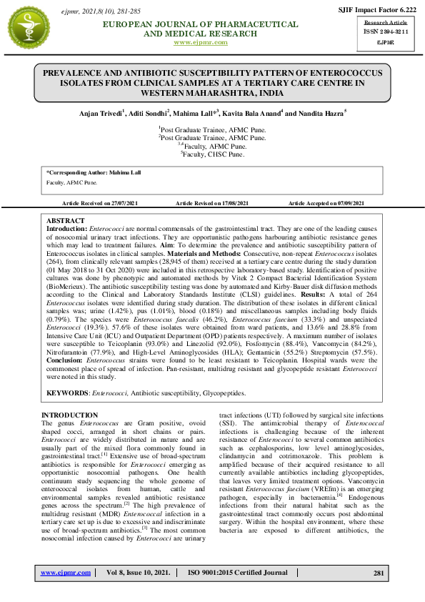 (PDF) Prevalence and Antibiotic Susceptibility Pattern of Enterococcus ...