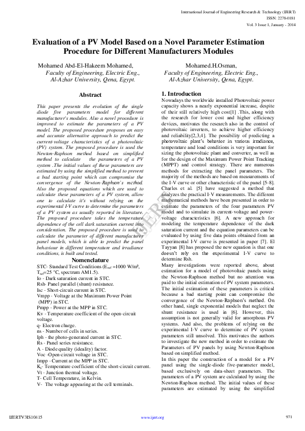 (PDF) Evaluation of a PV Model Based on a Novel Parameter Estimation ...