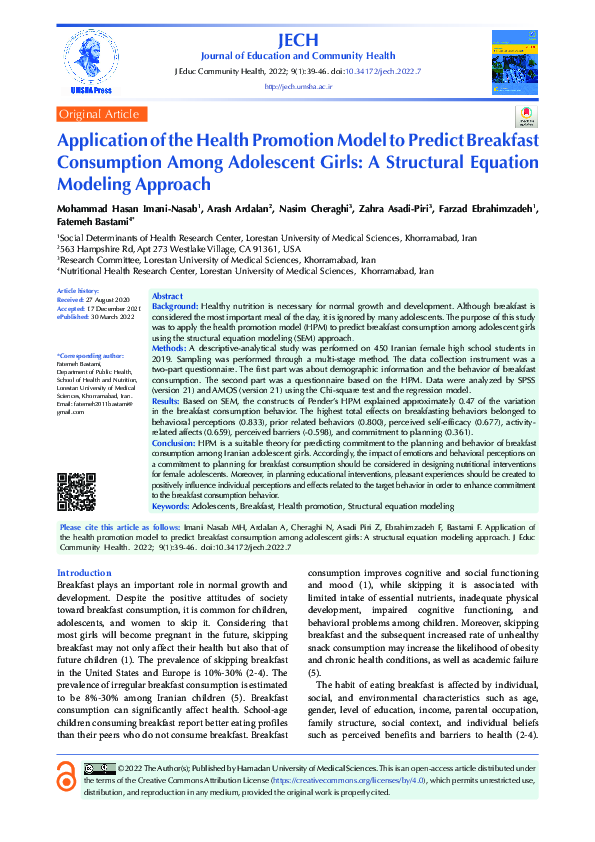 (PDF) Application of the Health Promotion Model to Predict Breakfast ...