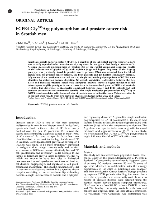 (PDF) FGFR4 Gly388Arg polymorphism and prostate cancer risk in Scottish men