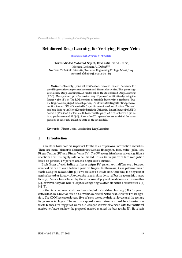 (PDF) Reinforced Deep Learning for Verifying Finger Veins