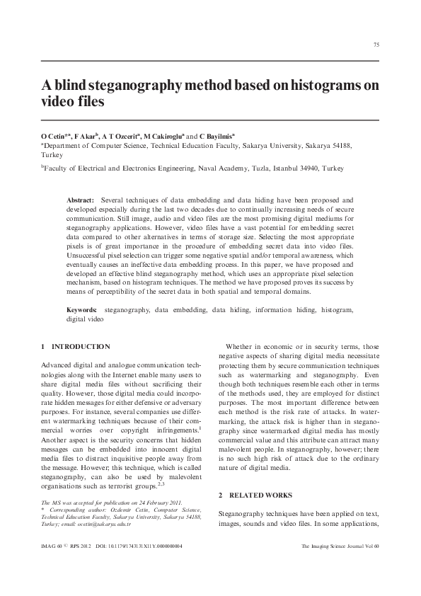 (PDF) A blind steganography method based on histograms on video files