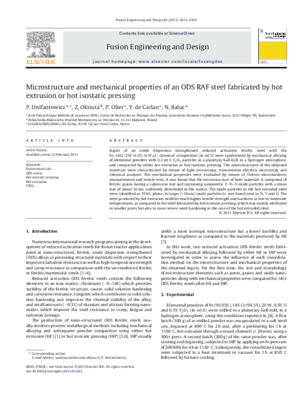 (PDF) Microstructure and mechanical properties of an ODS RAF steel ...
