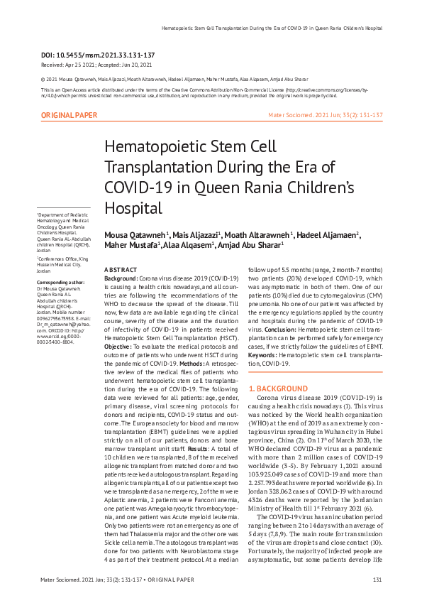 (PDF) Hematopoietic Stem Cell Transplantation During the Era of COVID ...