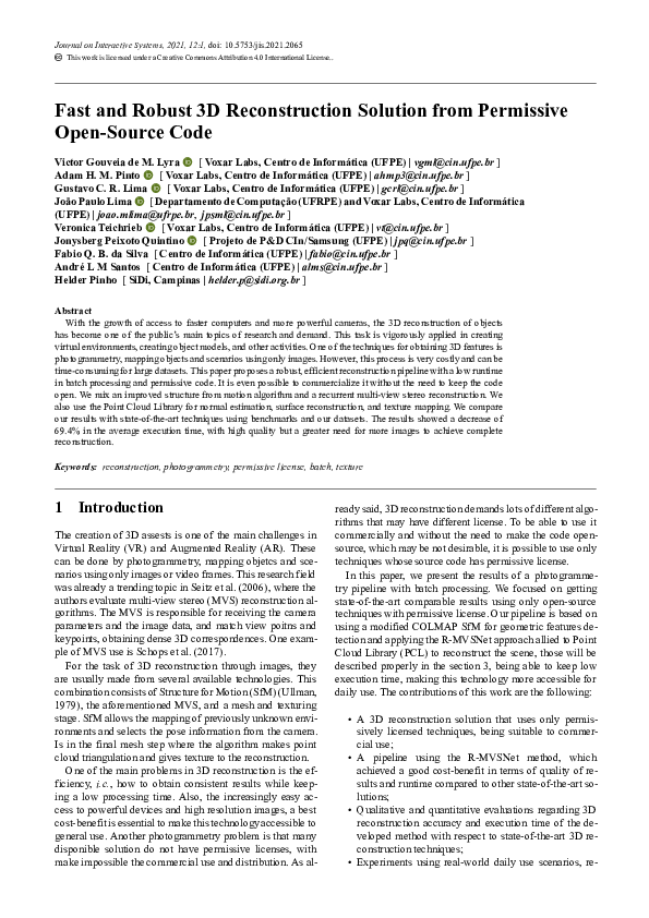 (PDF) Fast and Robust 3D Reconstruction Solution from Permissive Open ...