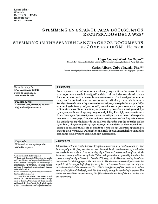 (PDF) Stemming en Español Para Documentos Recuperados De La Web ...