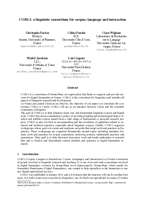 (PDF) CORLI: A linguistic consortium for corpus, language, and interaction