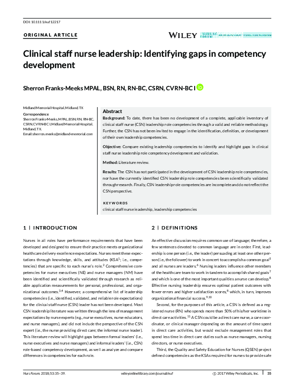 (PDF) Clinical staff nurse leadership: Identifying gaps in competency ...