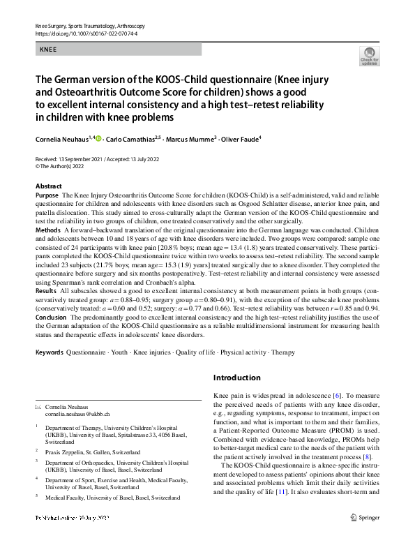 (PDF) The German version of the KOOS-Child questionnaire (Knee injury ...