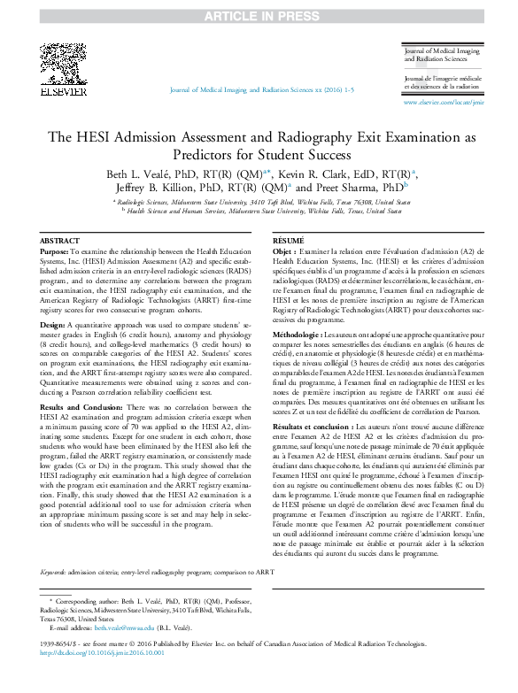 (PDF) The HESI Admission Assessment and Radiography Exit Examination as