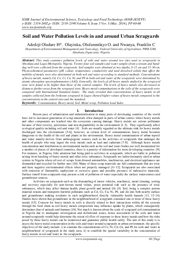 (PDF) Soil and Water Pollution Levels in and around Urban Scrapyards