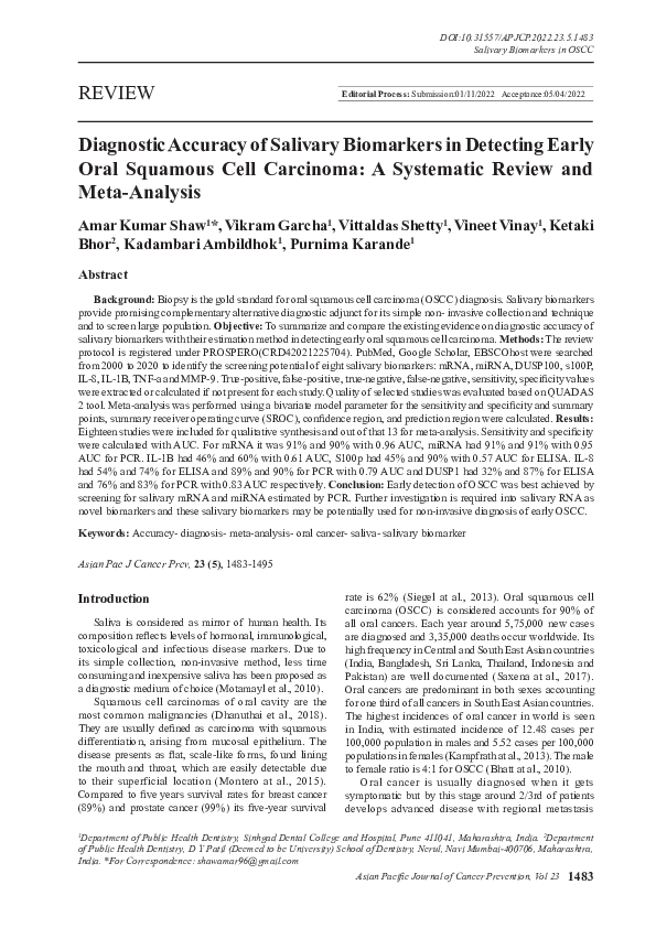 (PDF) Diagnostic Accuracy of Salivary Biomarkers in Detecting Early ...