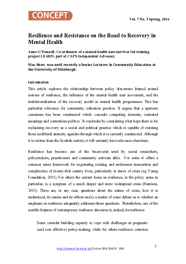(PDF) Resilience and Resistance on the Road to Recovery in Mental Health