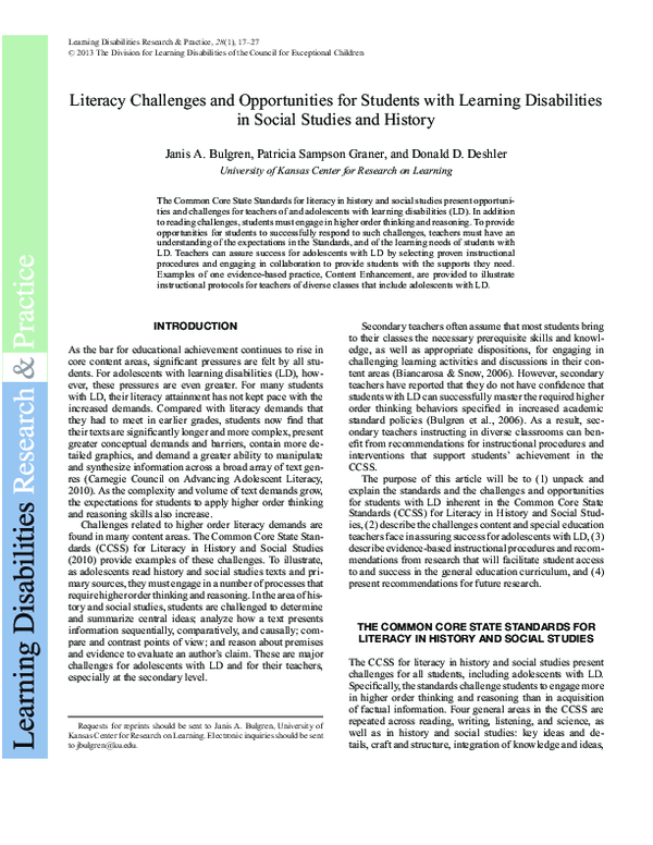 (PDF) Literacy Challenges and Opportunities for Students with Learning ...