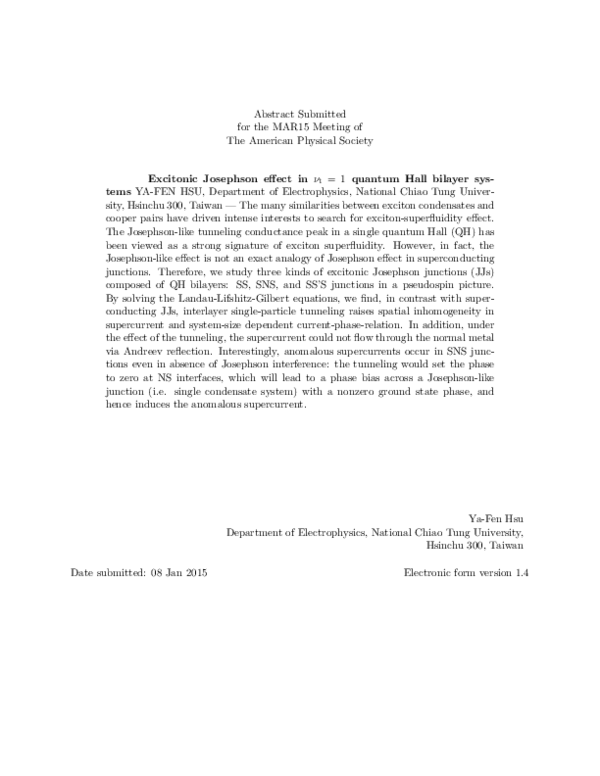(PDF) Excitonic Josephson effect in $ nu_{ mathrm{t}} =1$ quantum Hall ...
