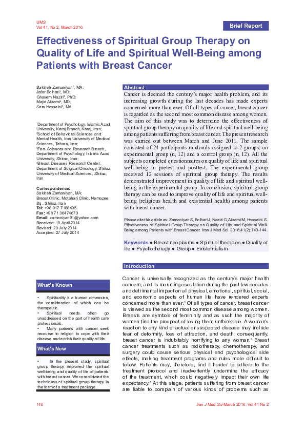 (PDF) Effectiveness of Spiritual Group Therapy on Quality of Life and ...
