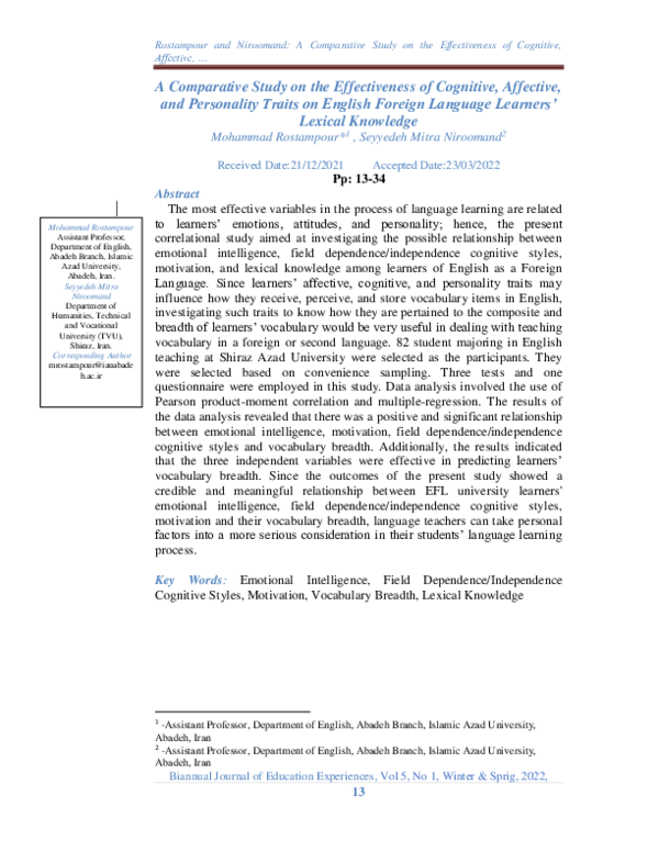 (PDF) A Comparative Study on the Effectiveness of Cognitive, Affective ...