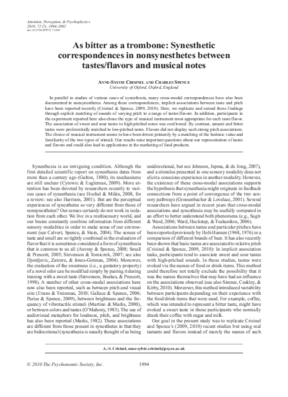 (PDF) As bitter as a trombone: Synesthetic correspondences in ...