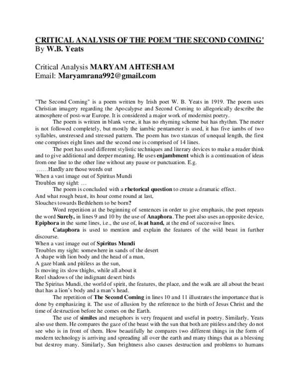 (PDF) CRITICAL ANALYSIS OF THE POEM 'THE SECOND COMING' By