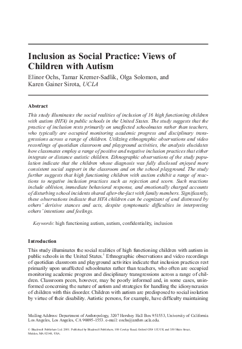 (PDF) Inclusion as Social Practice: Views of Children with Autism