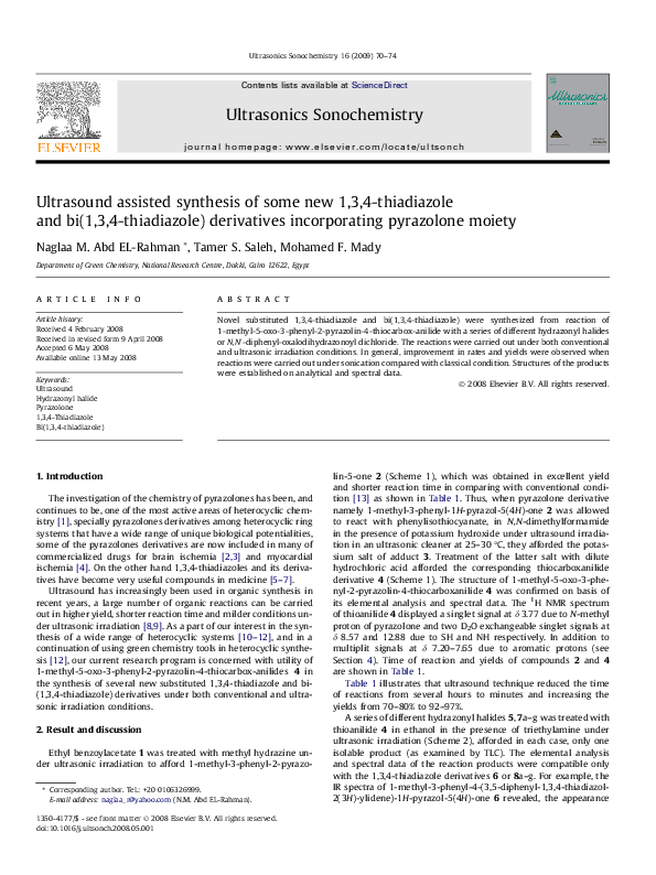 (PDF) Ultrasound assisted synthesis of some new 1,3,4-thiadiazole and ...
