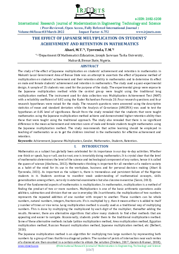 (PDF) THE EFFECT OF JAPANESE MULTIPLICATION ON STUDENTS' ACHIEVEMENT ...