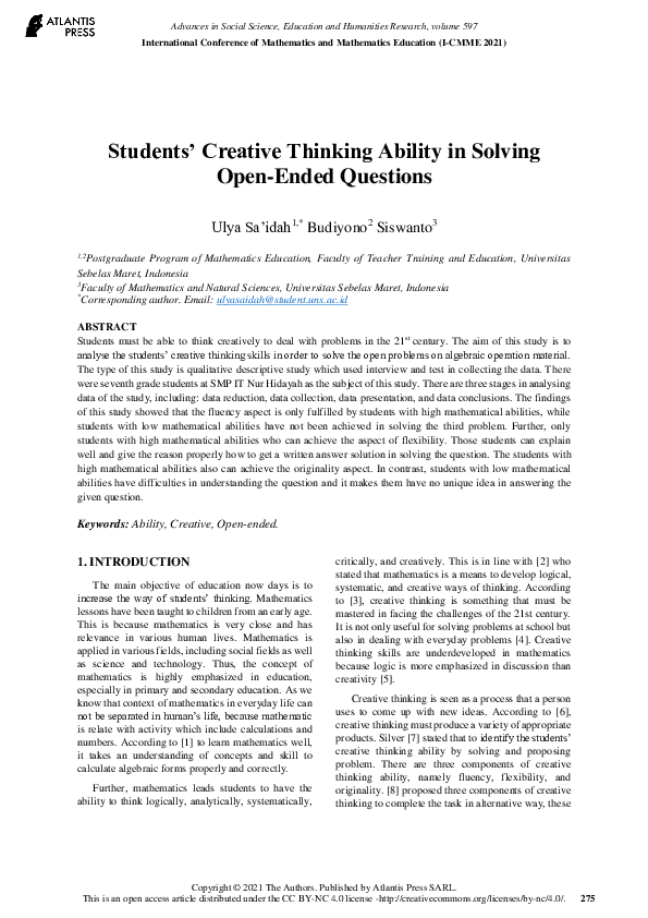 (PDF) Students’ Creative Thinking Ability in Solving Open-Ended Questions