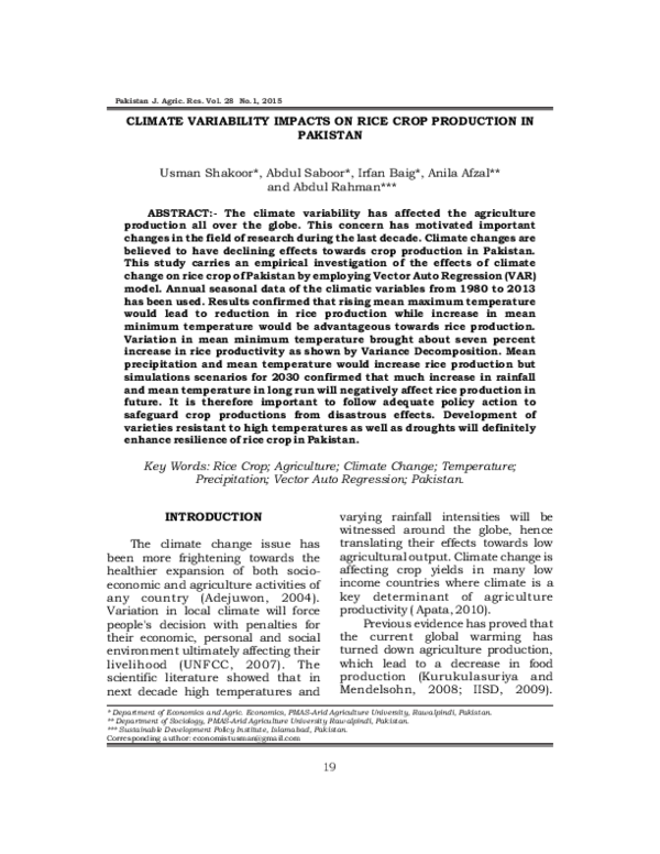 (PDF) Climate variability impacts on rice crop production in Pakistan