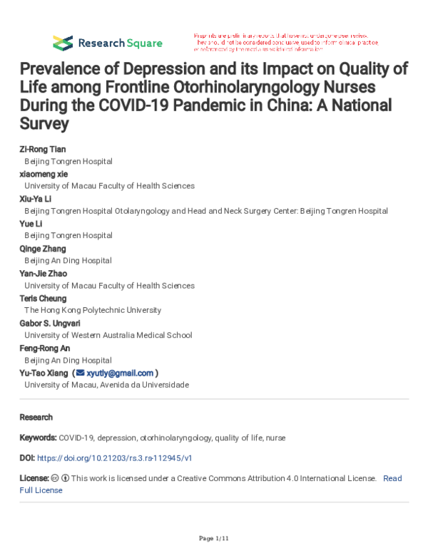 (PDF) Prevalence of Depression and its Impact on Quality of Life among ...