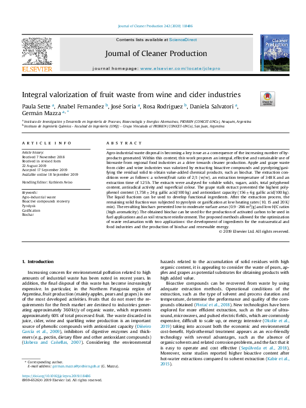 (PDF) Integral valorization of fruit waste from wine and cider industries