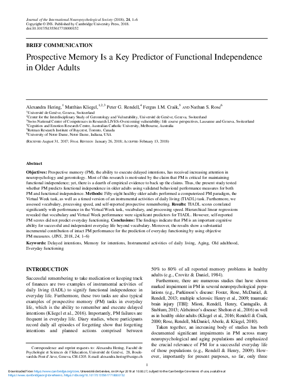(PDF) Prospective Memory Is a Key Predictor of Functional Independence ...