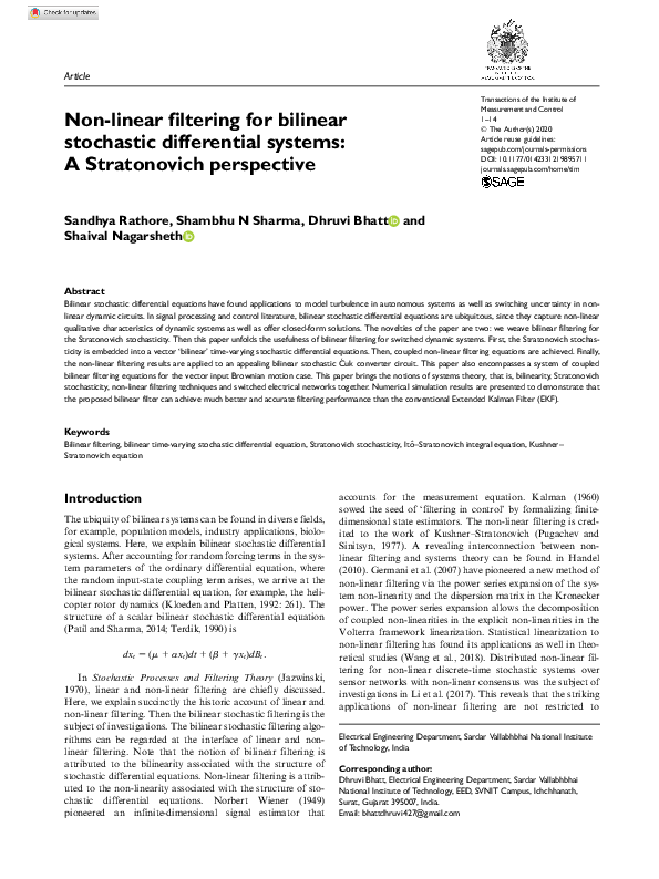 (PDF) Non-linear filtering for bilinear stochastic differential systems ...