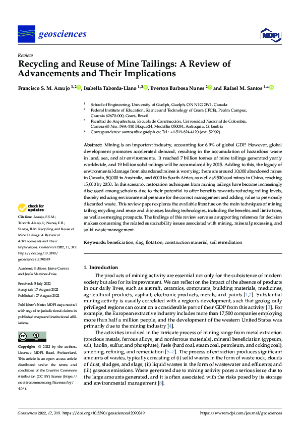 (PDF) Recycling and Reuse of Mine Tailings: A Review of Advancements ...