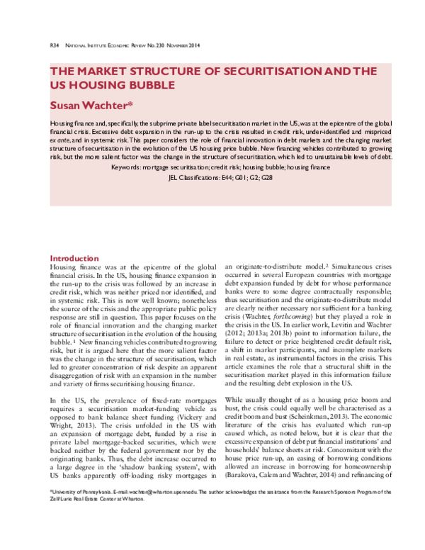 (PDF) The Market Structure of Securitisation and the US Housing Bubble
