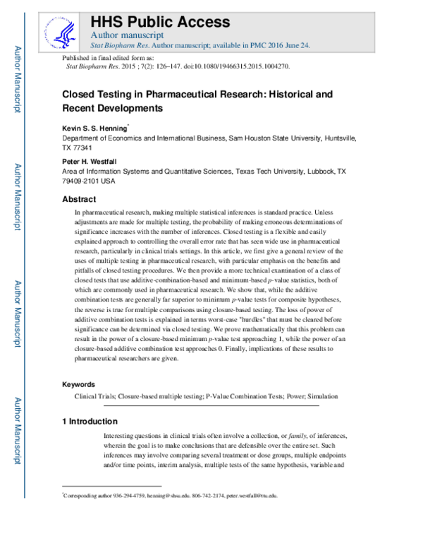 (PDF) Closed Testing in Pharmaceutical Research: Historical and Recent ...