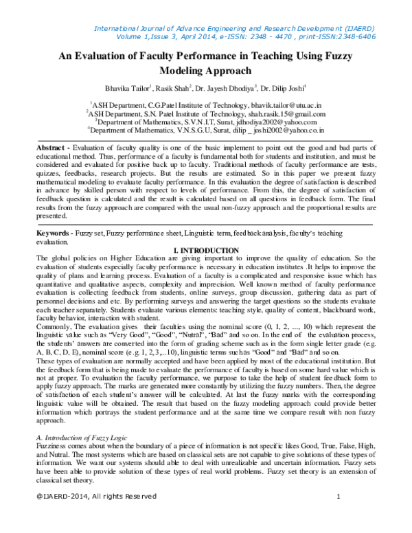 (PDF) An Evaluation of Faculty Performance in Teaching Using Fuzzy ...
