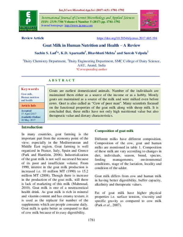 (PDF) Goat Milk in Human Nutrition and Health – A Review