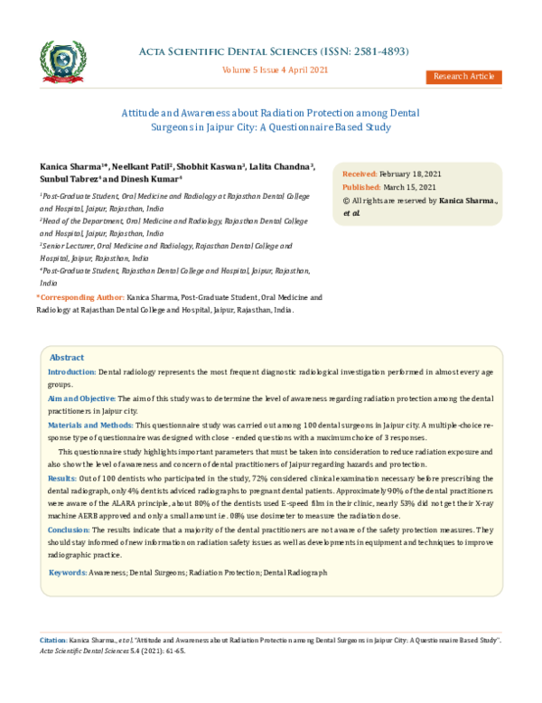 (PDF) Attitude and Awareness about Radiation Protection among Dental Surgeons in Jaipur City A